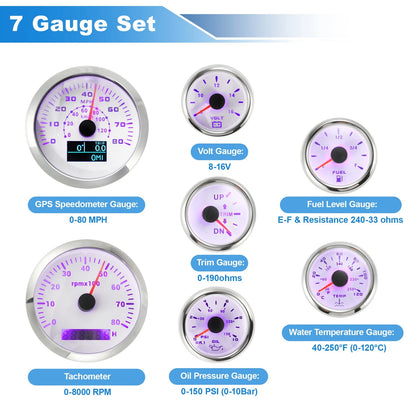 7 Gauge Set for Marine Boat (GPS Speedometer, Tacho, Fuel, Temp, Oil, Volt, Trim)