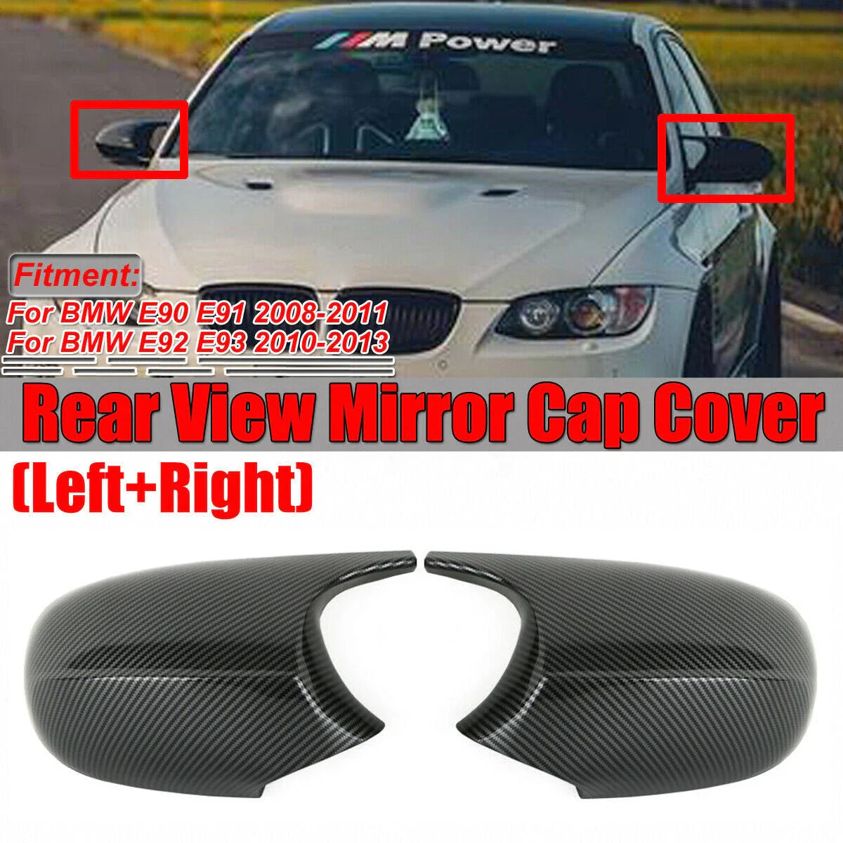 2 x M3 Style Carbon Side Mirror Cover Caps for BMW E90 E92 E93 (2005–2013)