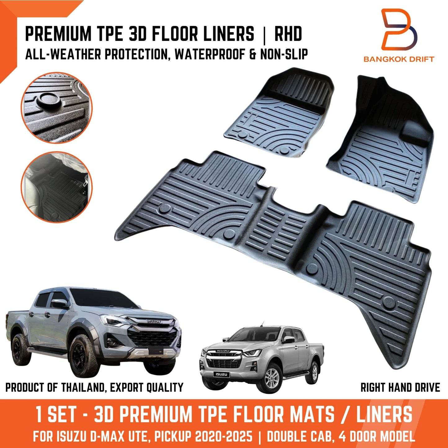 Premium 3D TPE All Weather Floor Mats for Isuzu D-Max Ute (2020-2025)