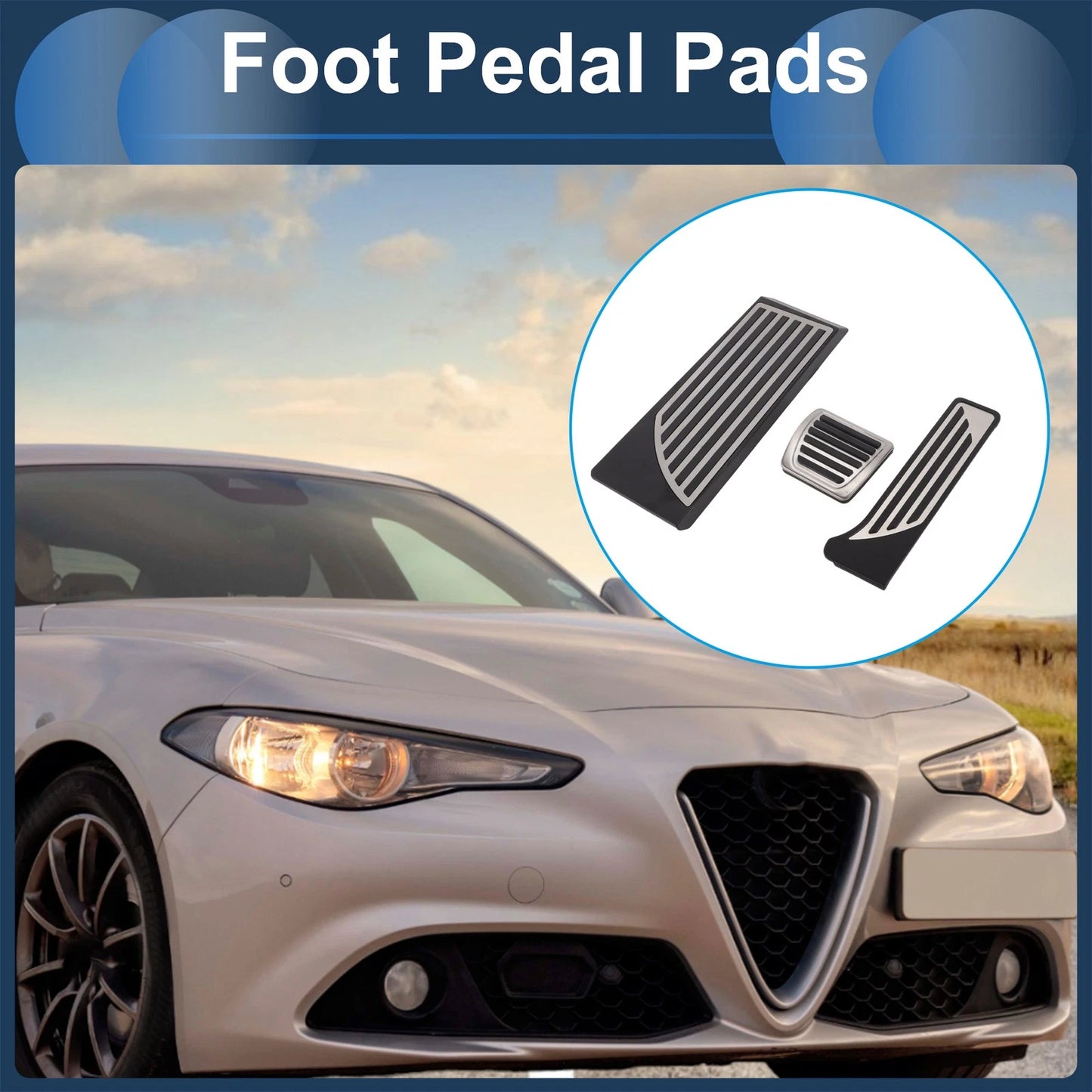 3 Pcs Foot Accelerator Pedal Covers for Alfa Romeo Stelvio (2015–2018) Silver Tone