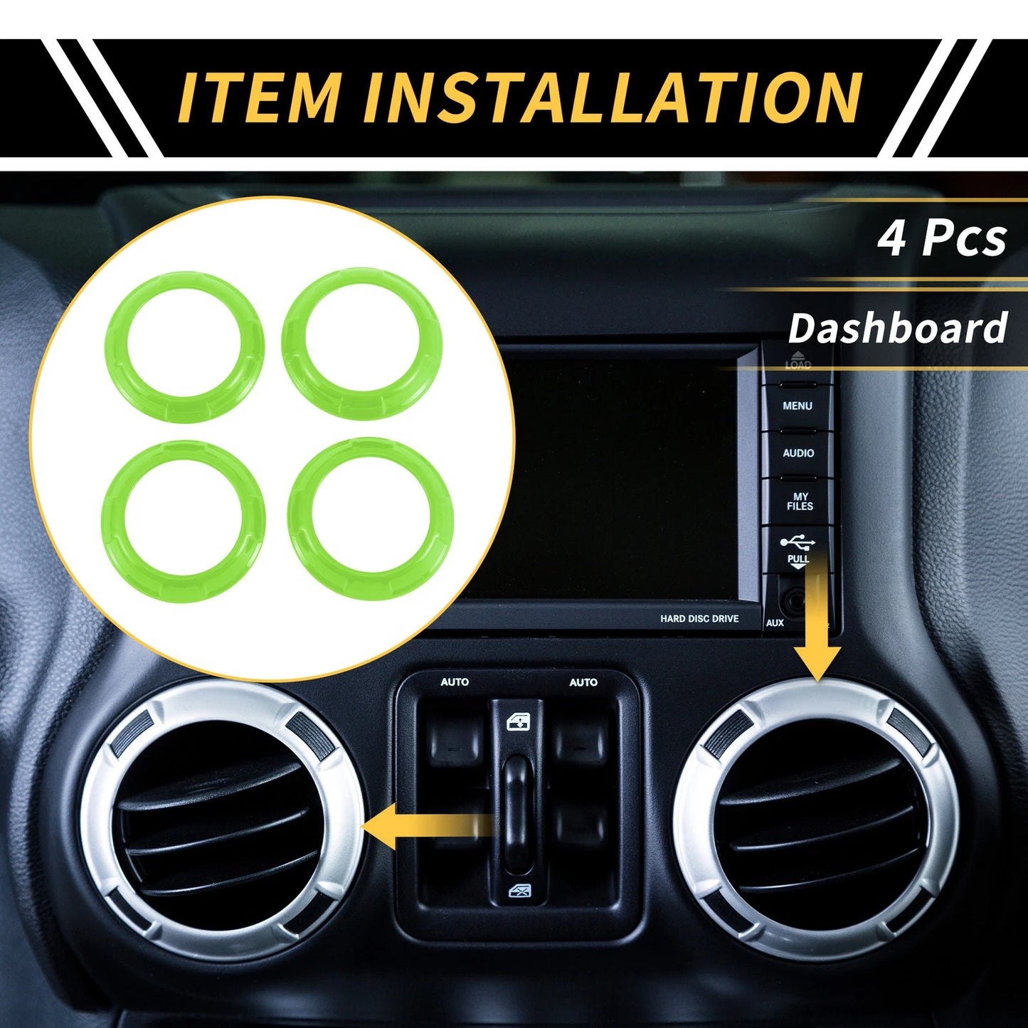 AC Vent Dashboard Decoration Rings for Jeep Wrangler JK JKU (2011–2017) Light Green