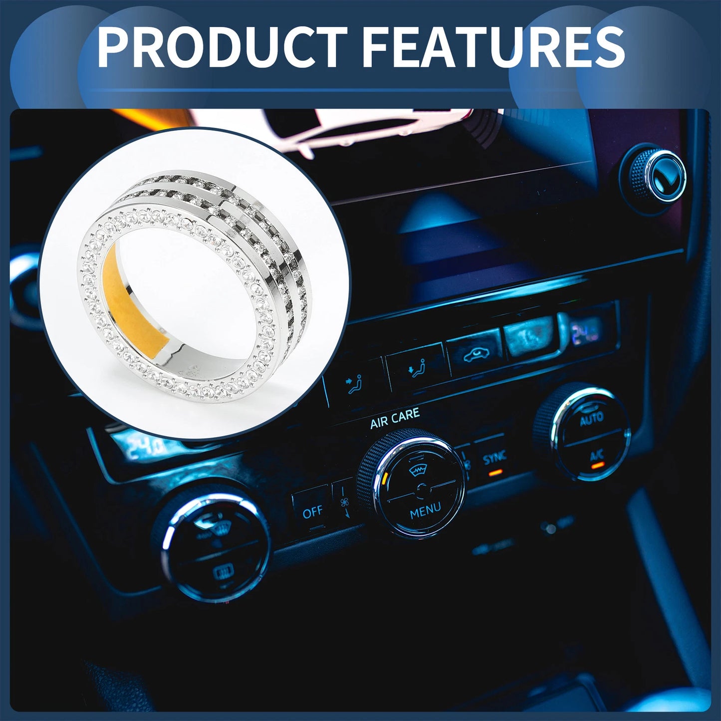 Set of 3 AC Media Volume Switch Knob Cover Rings for Skoda Octavia (2014–2020) Silver Tone