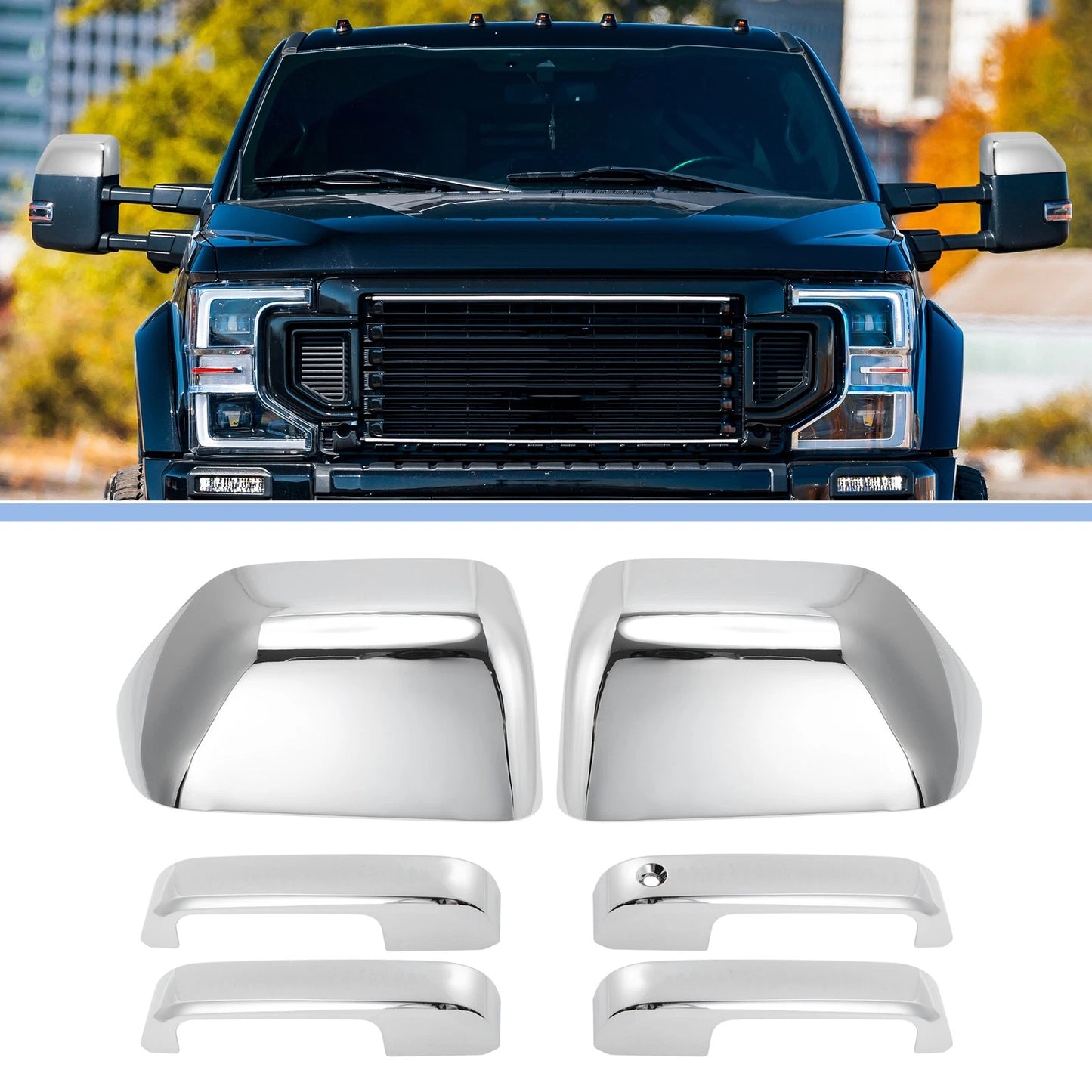 2X Top Half Mirror Cover Caps & 4X Door Handle Cover Trims for Ford Super Duty