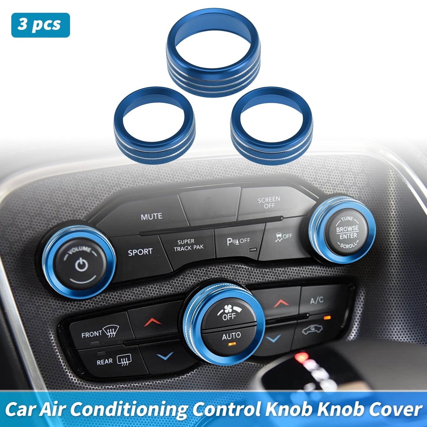 3 pcs Control Switch Knob Button Cover Trim Ring for Dodge Charger (2011–2023) Blue