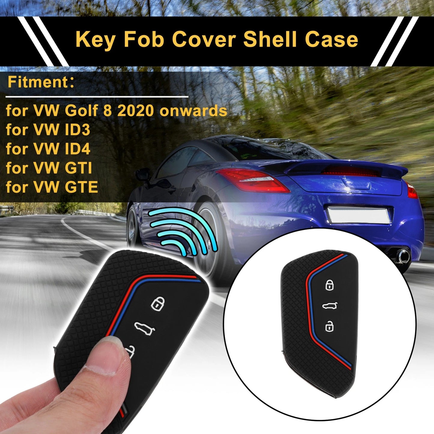 Silicone Car Key Case for VW Golf 8 (2020–Present) - 3 Buttons, Black Red Blue
