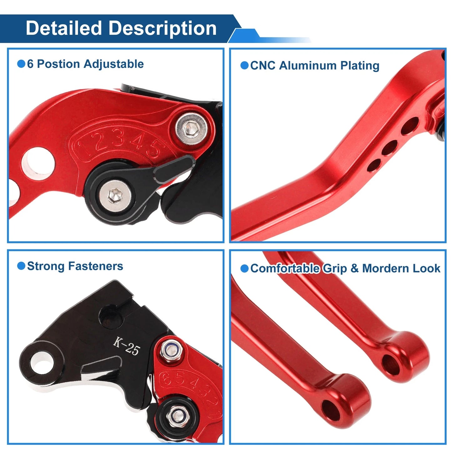6-Speed Adjustable Brake Clutch Levers for Kawasaki EX250 (2008–2012) Red