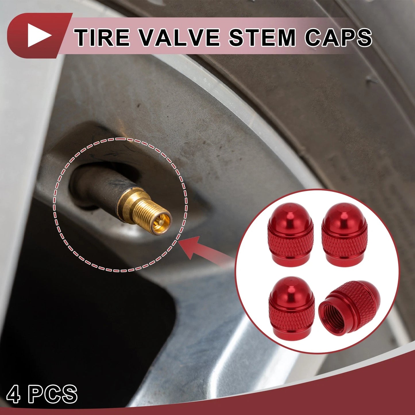 Set of 4 Mini Bullet Style Tire Valve Stem Caps Red for Car