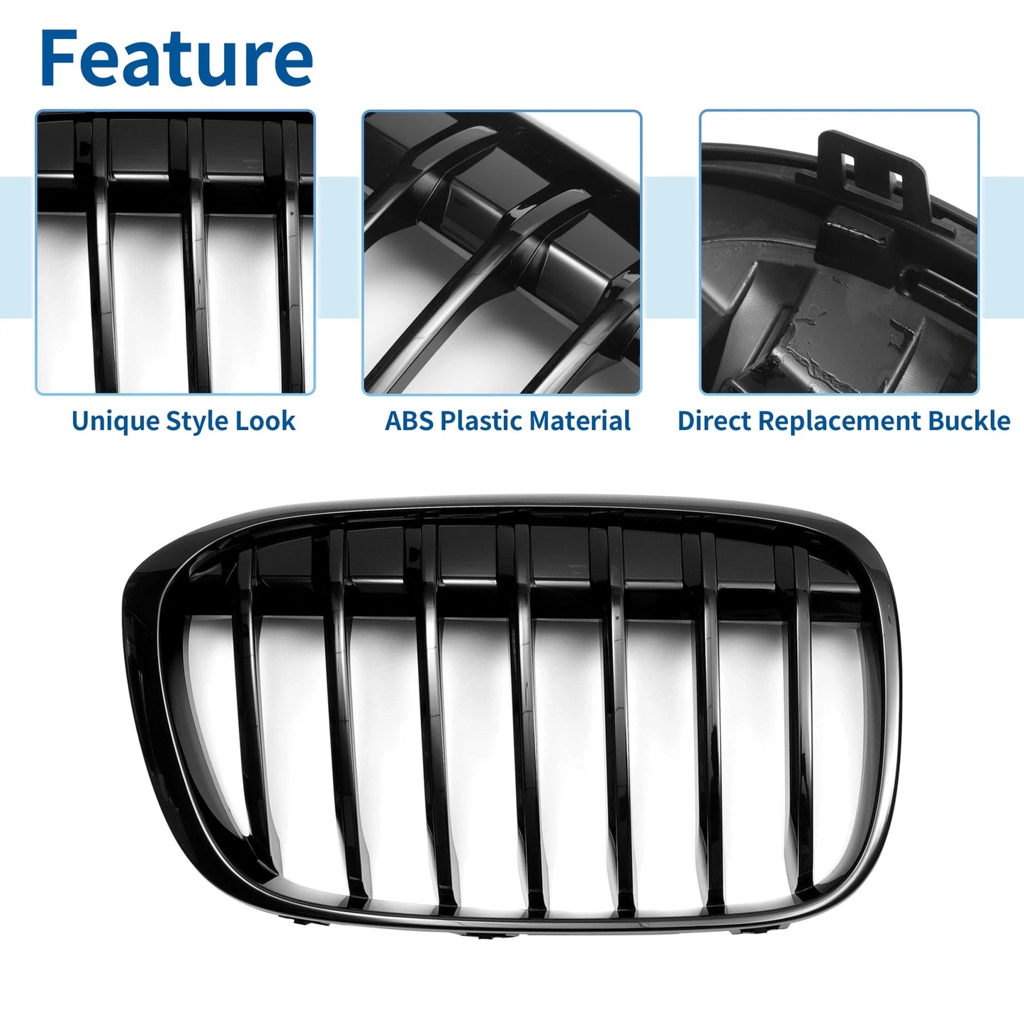 1 Pair Front Upper Bumper Grille for BMW X1 F48 (2016–2022) Gloss Black