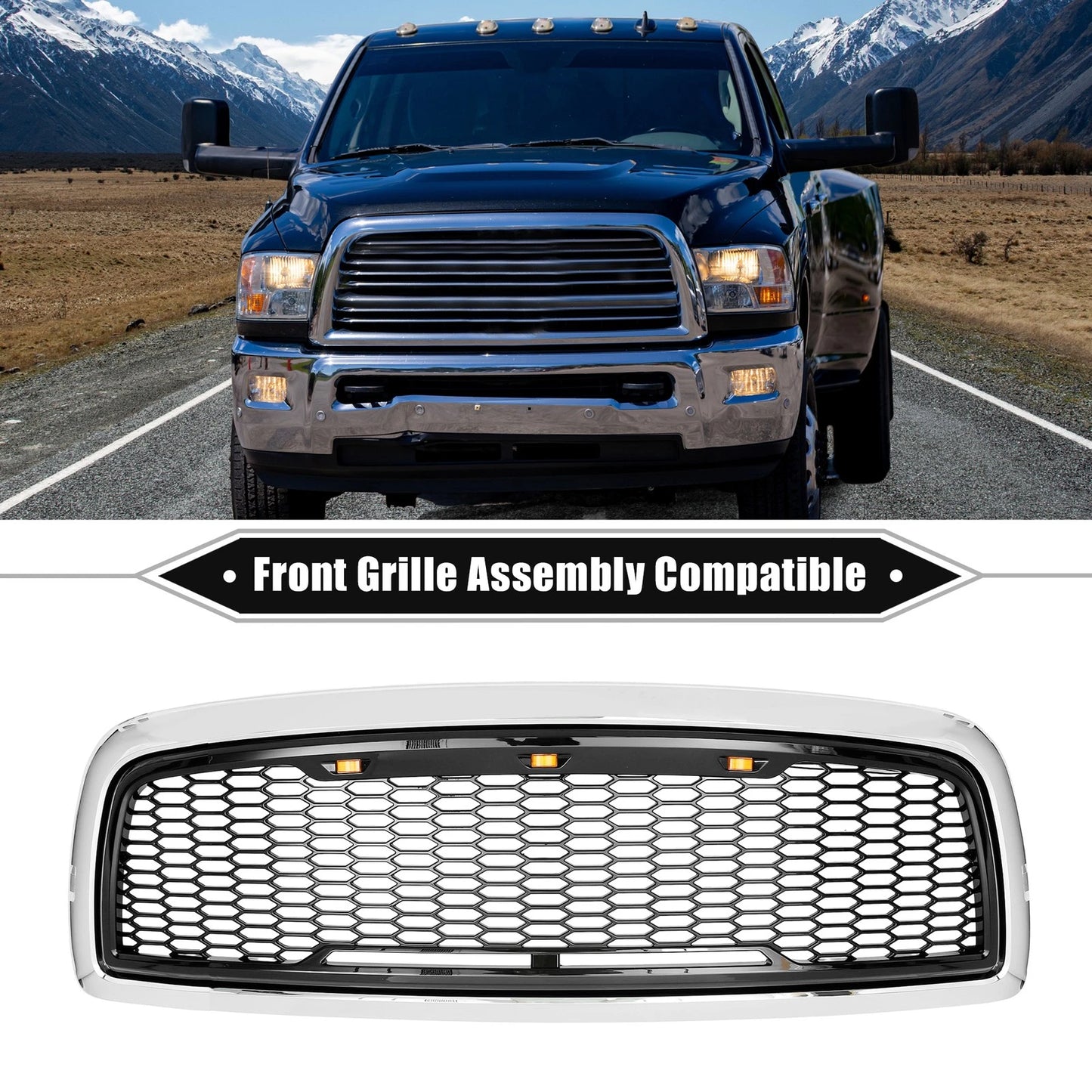 Front Grille Assembly with LED Lights for Dodge (Chrome, Silver Tone, Gloss Black)