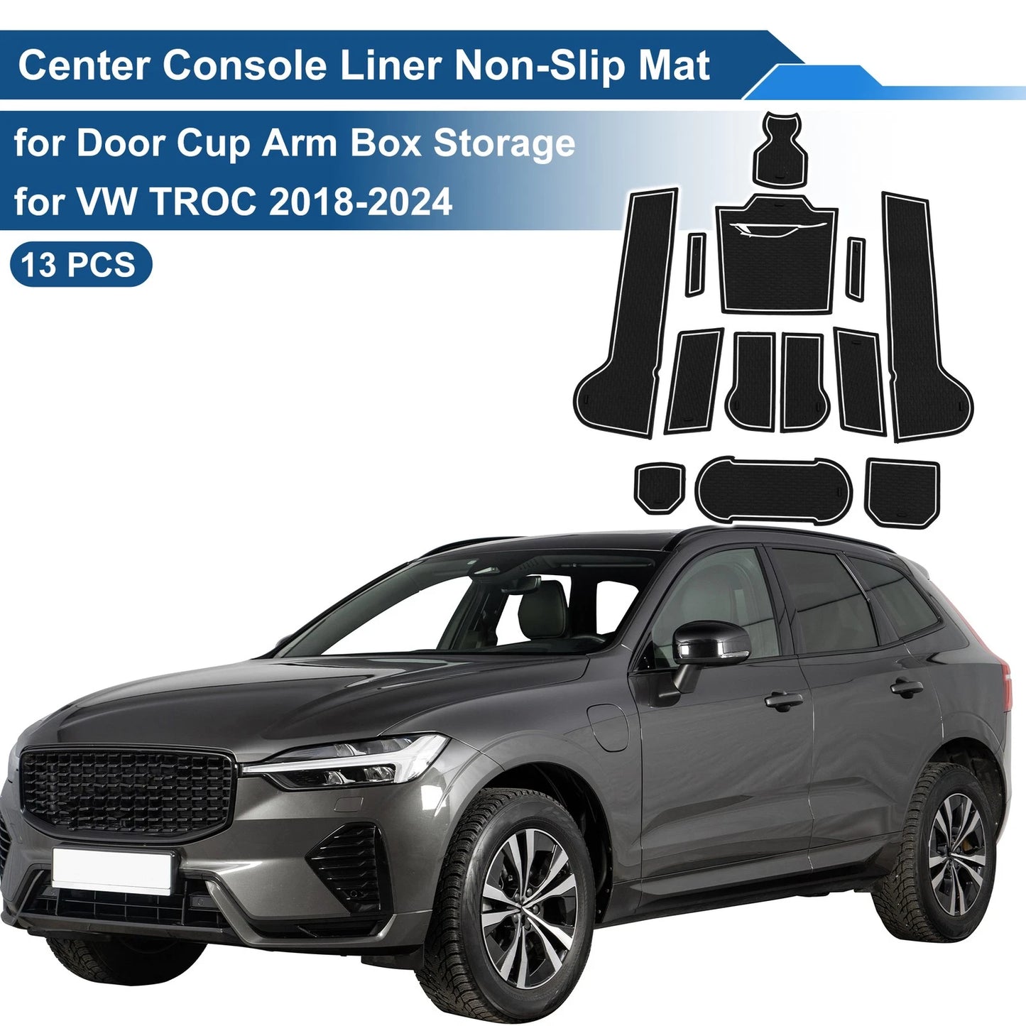 Set of 13 Non-Slip Mats for VW TROC (2018–2024) PVC White