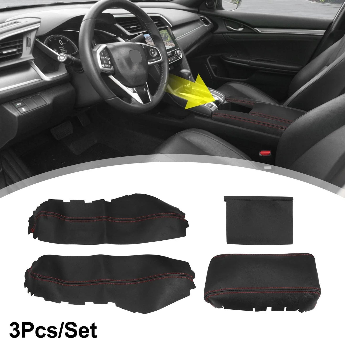 3 Pcs Armrest Covers for Honda Civic 10th Gen (2016-2020) Black Red Line