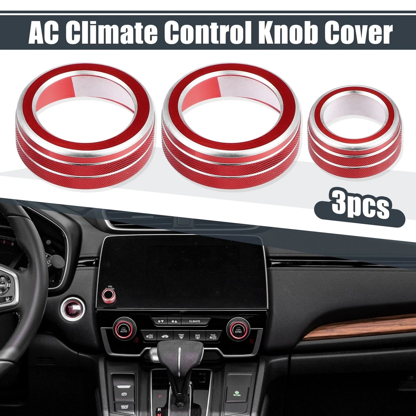 3 x AC Knob Ring Covers for Honda CR-V (2017-2021) - Volume Control Knobs Red