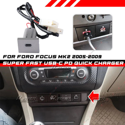 Silver USB-C PD Port Charger Red LED for Ford Focus (2005–2009)