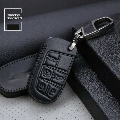 Leather Remote Key Cover Case Chain Holder for Jeep Cherokee