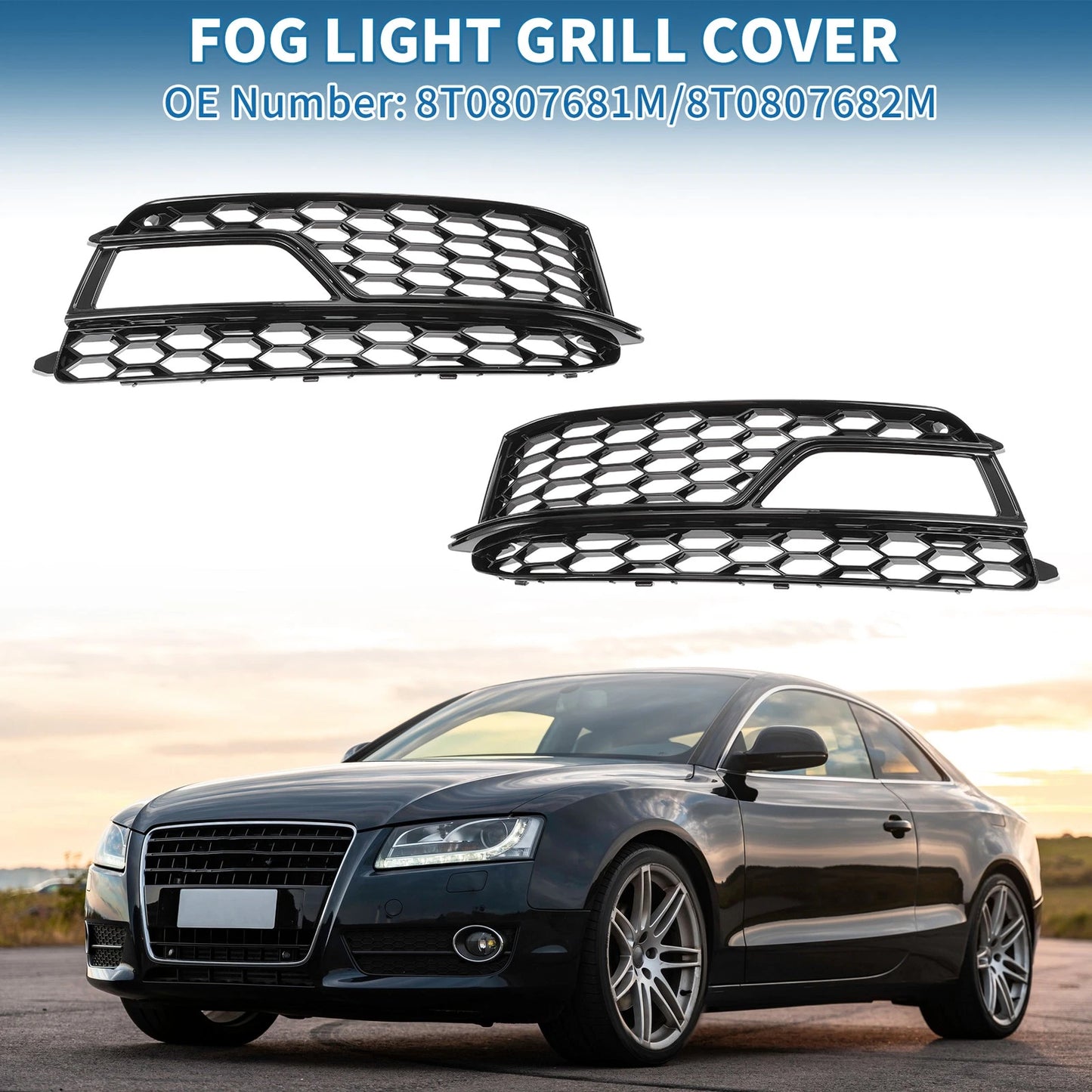 1 Pair Fog Light Grill for Audi A5 (2013–2017) No. 8T0807681M/8T0807682M ABS Black