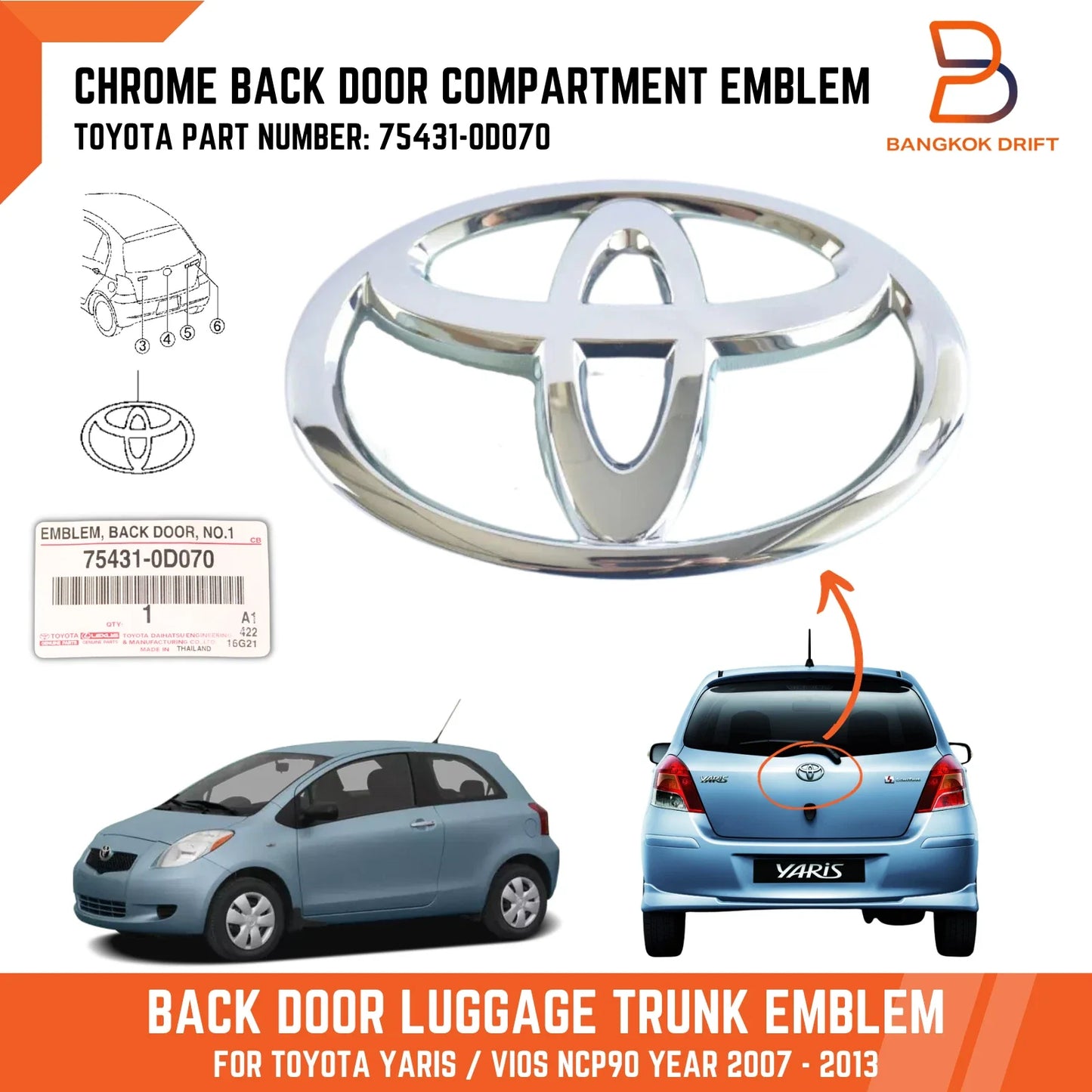Chrome Back Door Trunk Emblem Logo for Toyota Yaris (2005-2013)