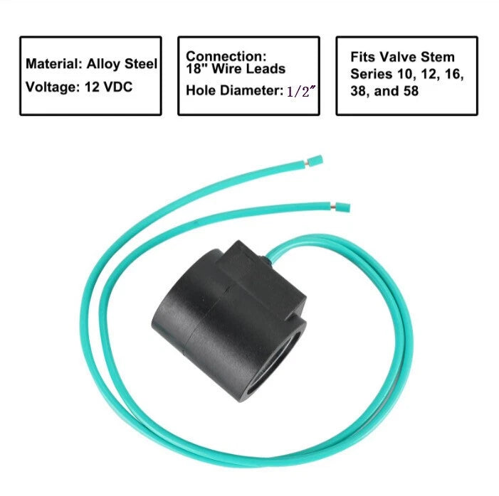 Solenoid Valve Coil 12V DC for 6352012 (18" Cables, Size 10)