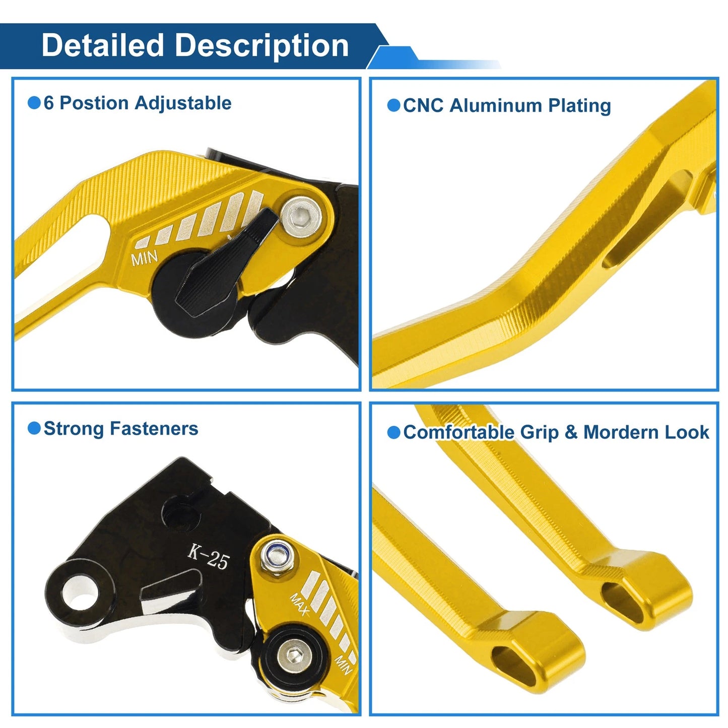 6-Speed Adjustable Brake Clutch Levers for Kawasaki Z400 (2019–2023) Gold Tone