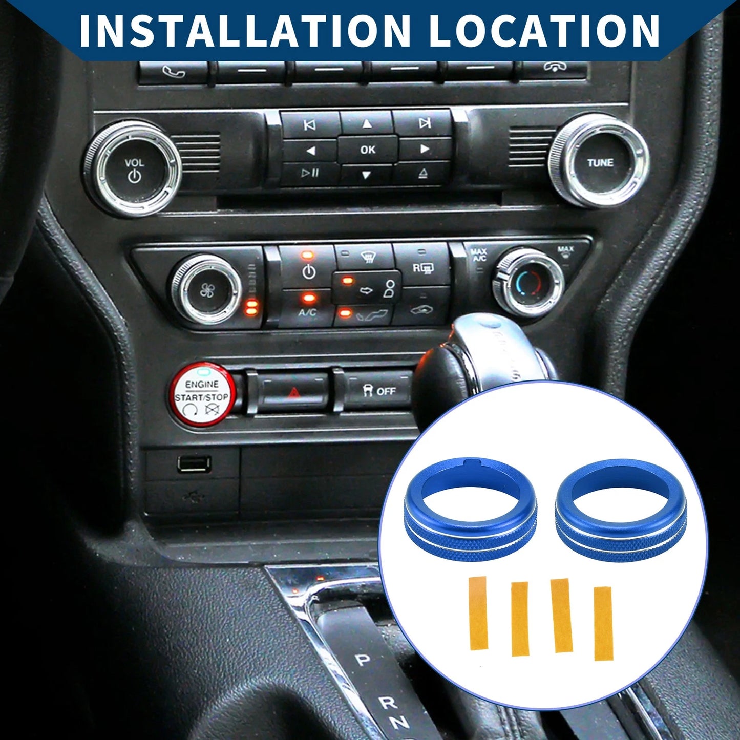 Set of 2 AC Climate Switch Knob Cover Ring for Ford Mustang (2015–2021) Blue