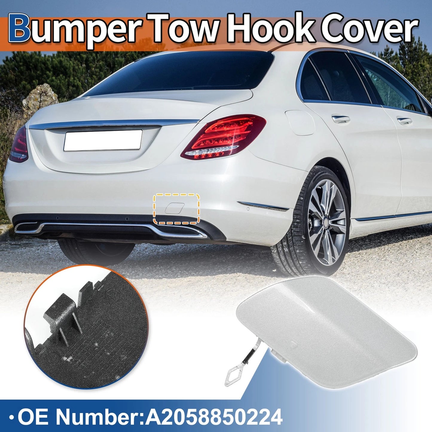 Rear Car Bumper Tow Hook Cover for Mercedes-Benz (A2058850224) Silver Tone
