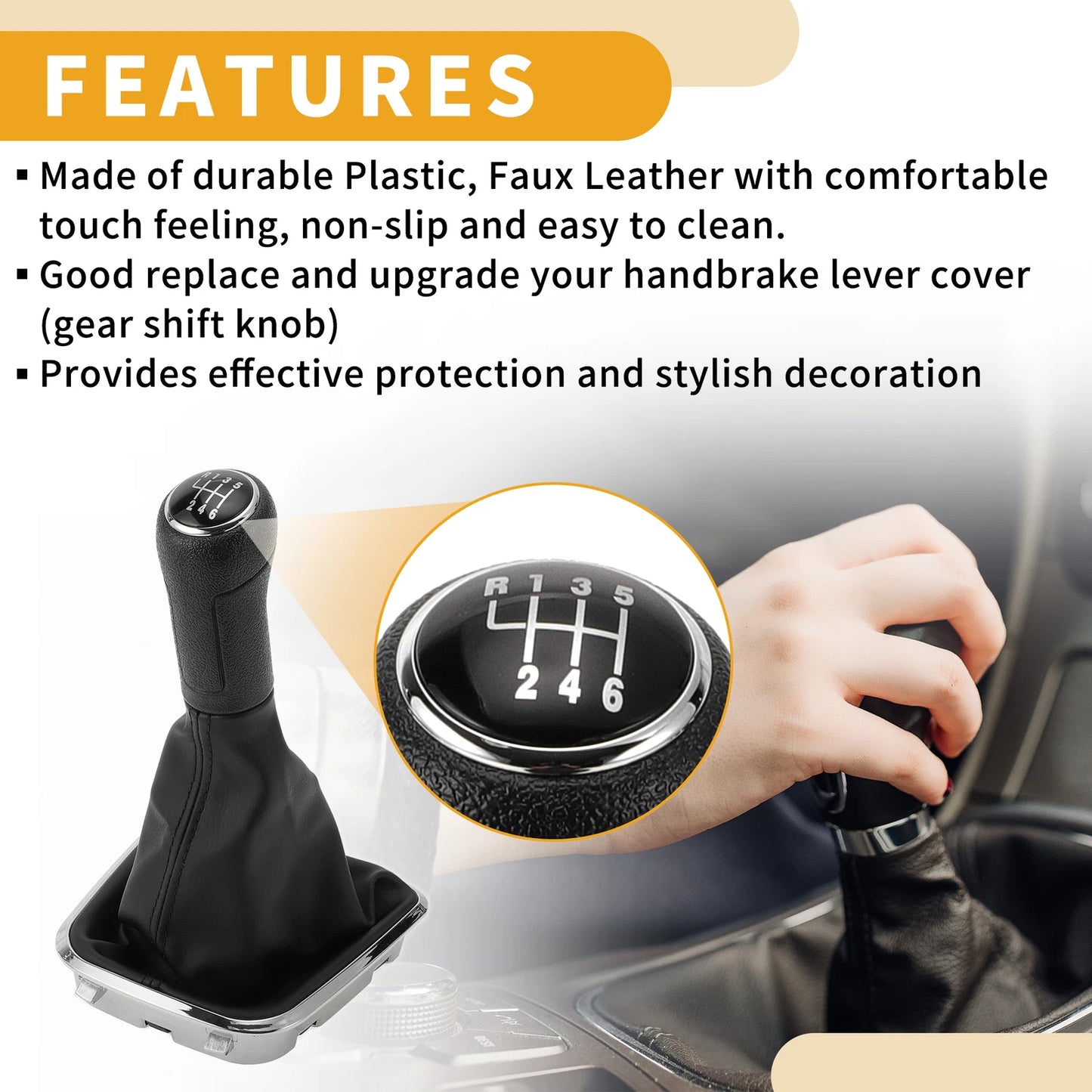 6 Speed Gear Shifter Knob with Cover for Volkswagen Polo (2014–2017) Faux Leather