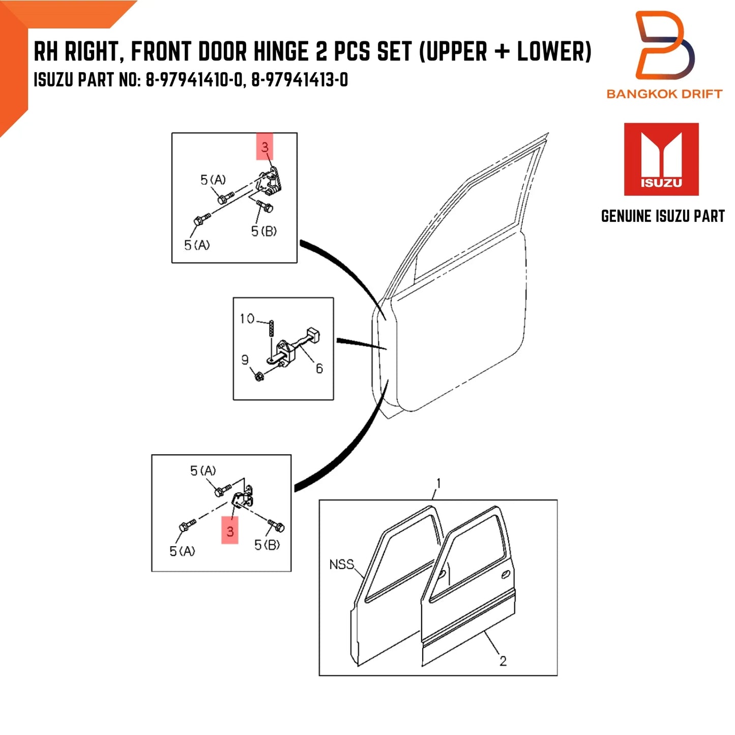 RH Front Door Hinges for Holden Rodeo Ute TF (1988-2002)