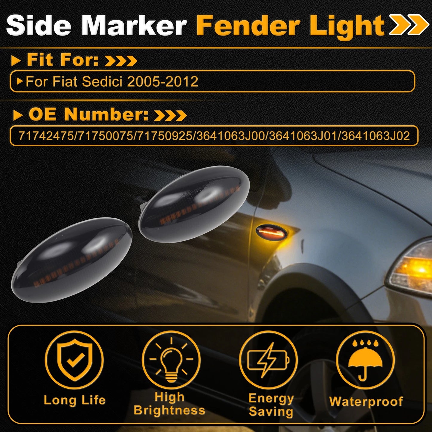 Dynamic LED Amber Side Marker Fender Light 71742475 for Fiat Sedici (2005–2012)