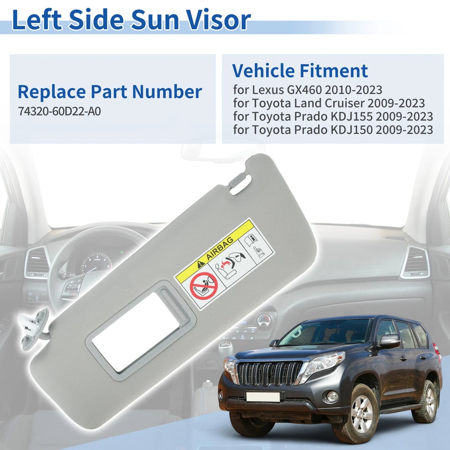 Left Side Sun Visor for Lexus GX460 (2010–2023) No. 74320-60D22-A0 Gray
