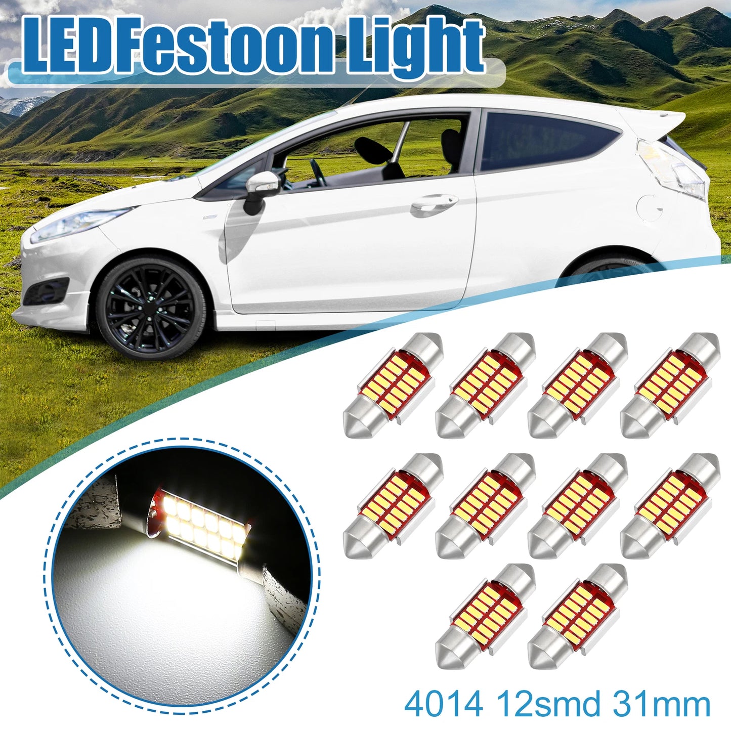 Set of 10 LED Festoon Lights 31mm DE3175 12SMD 4014 Chipsets