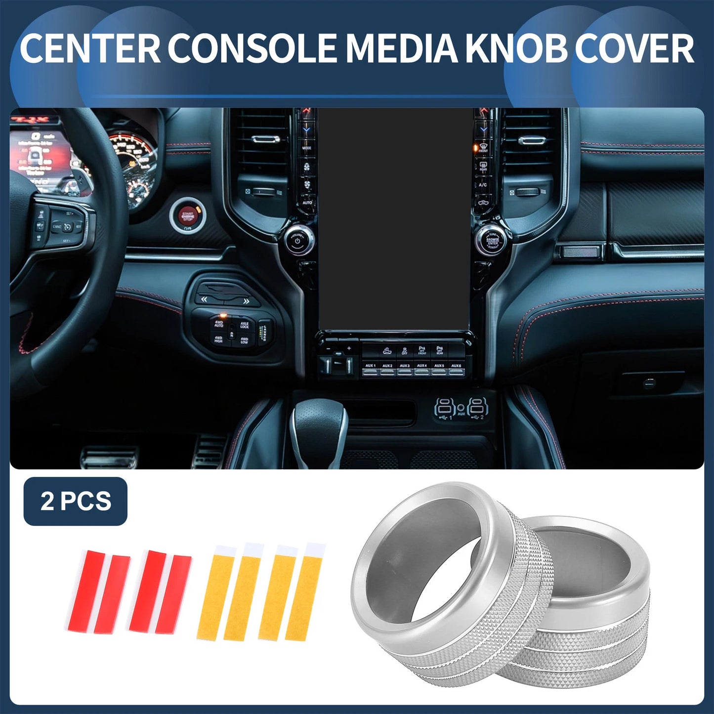 2X Center Console Audio Media Knob Cover for Dodge Ram (2019–2021) Silver Tone