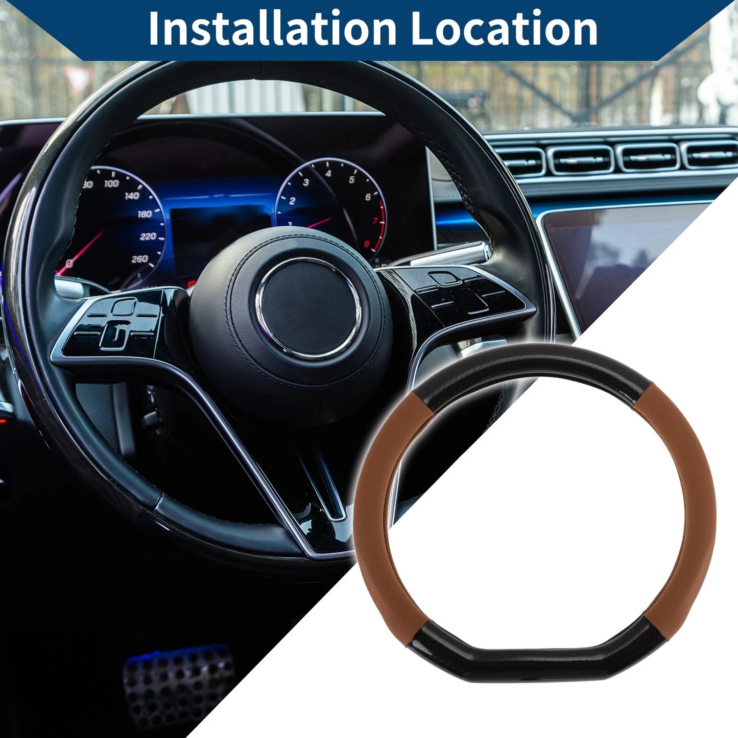 Steering Wheel Cover for Universal Fit (14.96") Black Light Brown