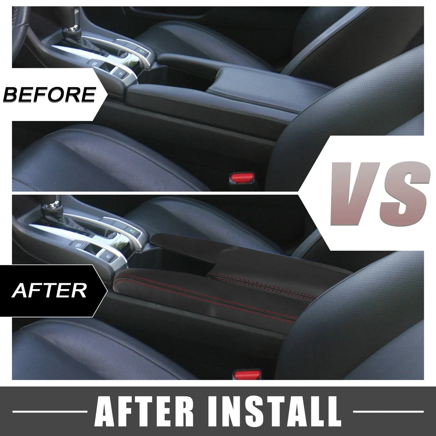 Black Armrest Protector Cover Pad with Red Stitches for Honda Civic (2016-2021)