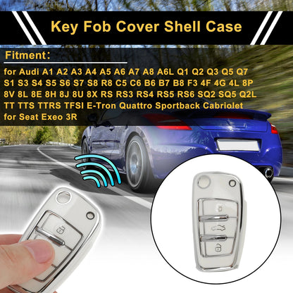 Flip Key Case for Audi A1 (2010–2018) - TPU Silicone, 3 Buttons, White Silver Tone