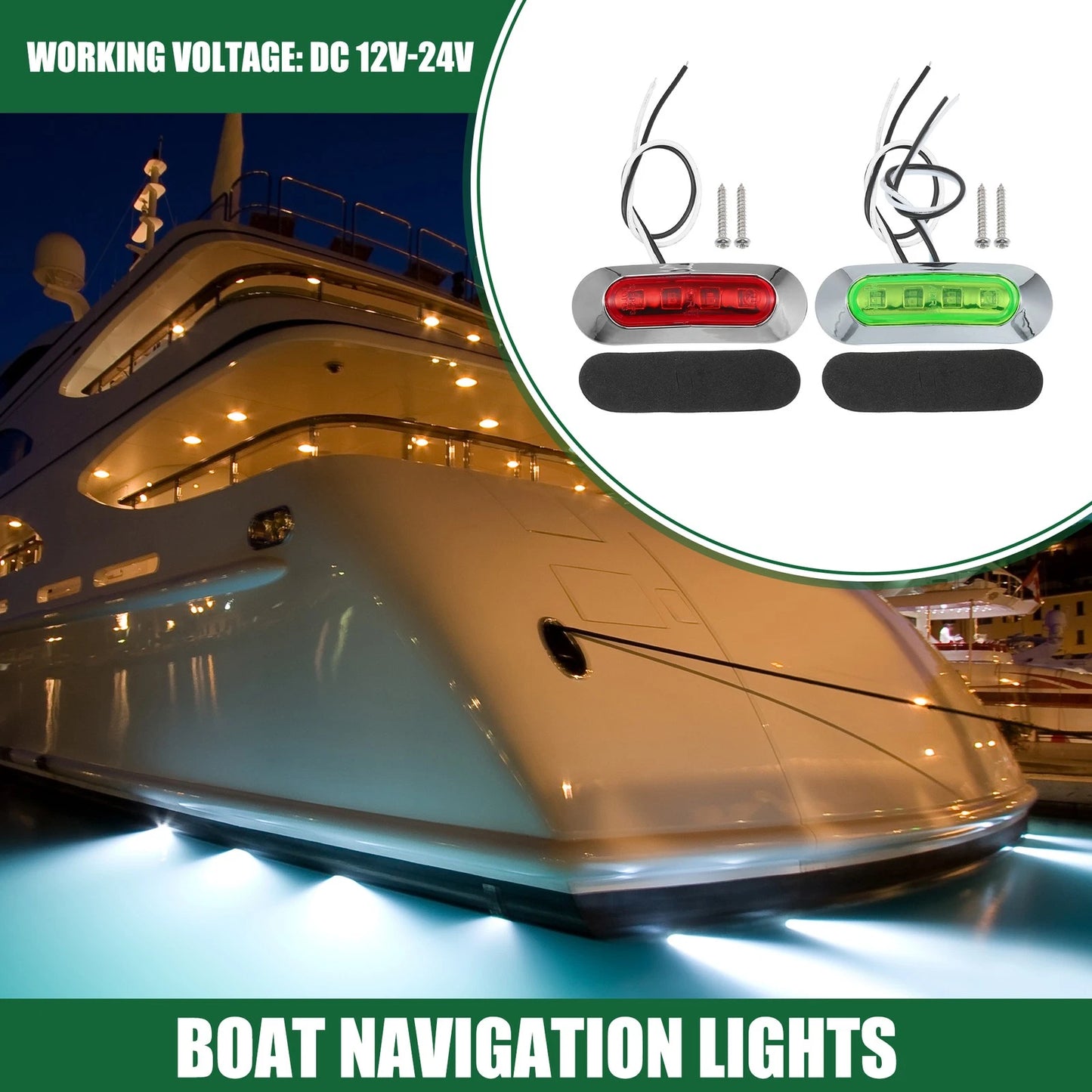 Set of 2 Universal Waterproof Red Green Interior Navigation Lights for Boat
