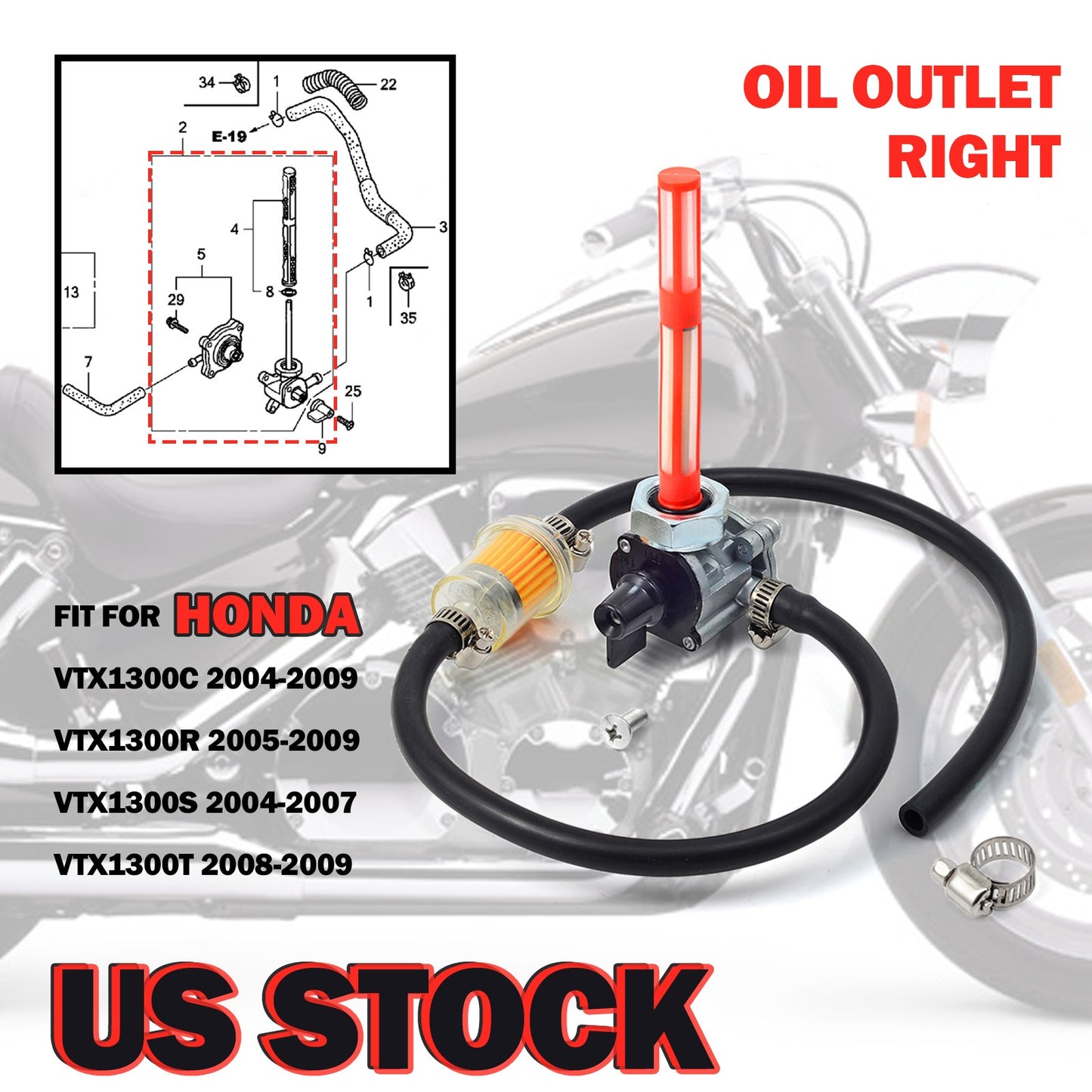 Fuel Vacuum Petcock with Filter for Honda VTX1300C, VTX1300R, VTX1300S, VTX1300T (2004–2009)