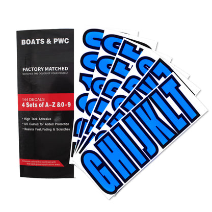 Set of 4 Blue Marine Boat Decals A-Z Letters & 0-9 Numbers