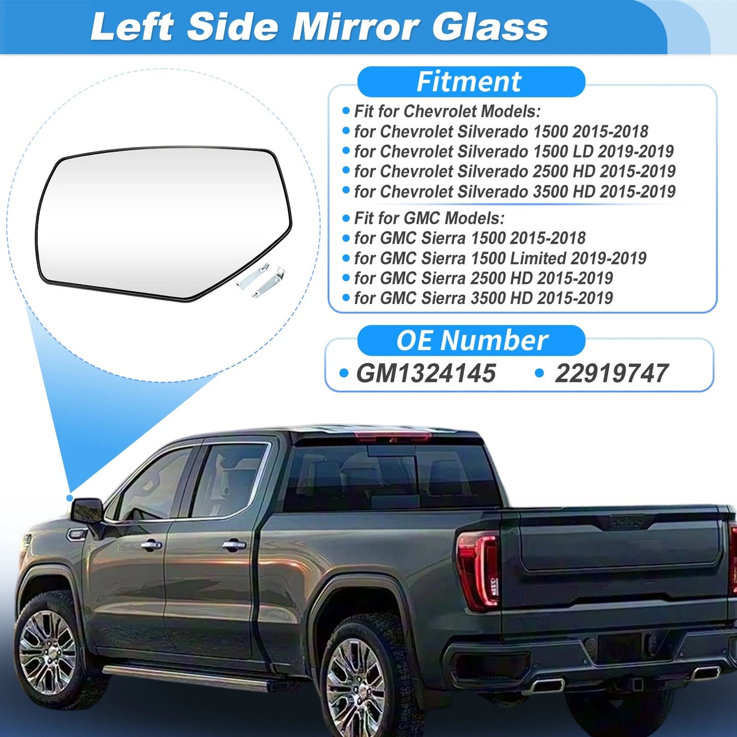 Left Heated Mirror Glass for GMC Sierra 1500 2500HD 3500HD (2015–2019) 22919747