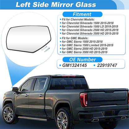Left Heated Mirror Glass for GMC Sierra 1500 2500HD 3500HD (2015–2019) 22919747