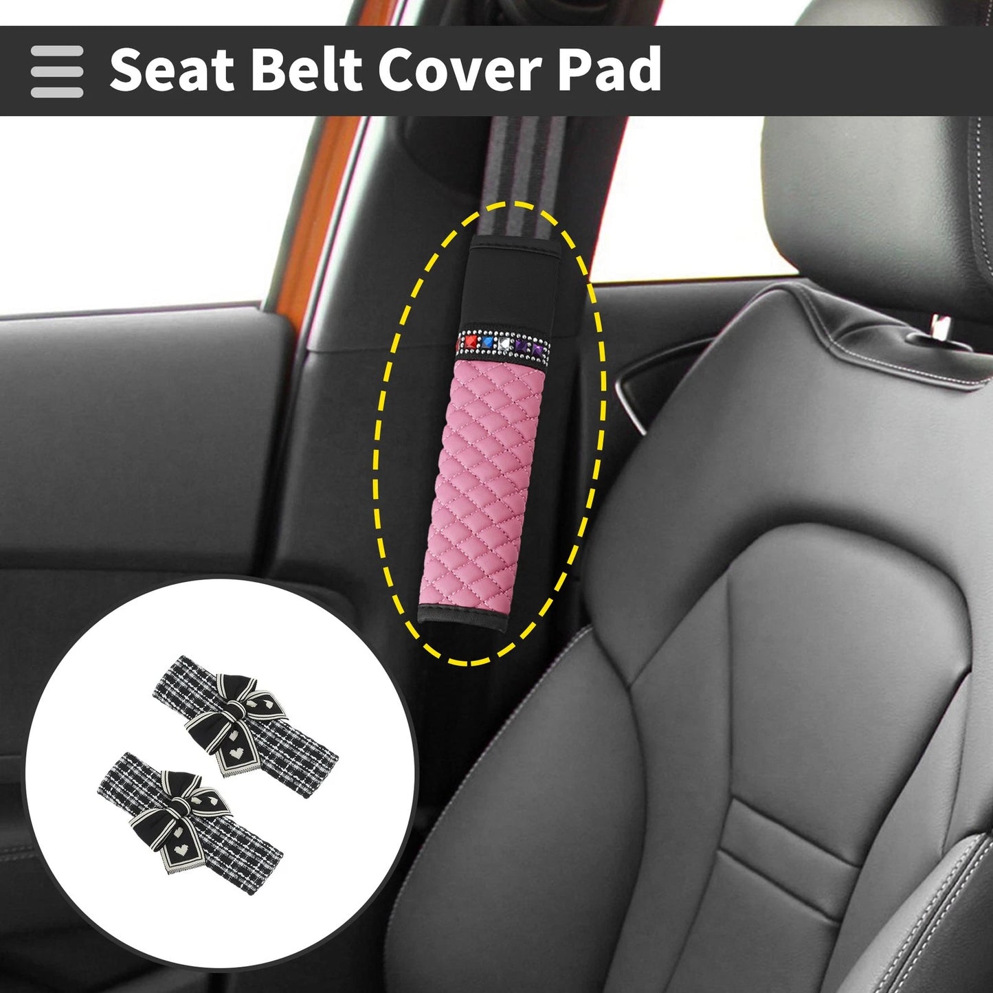 Set of 2 Black White Seat Belt Cover Pads for Universal Fit (23.5cm)