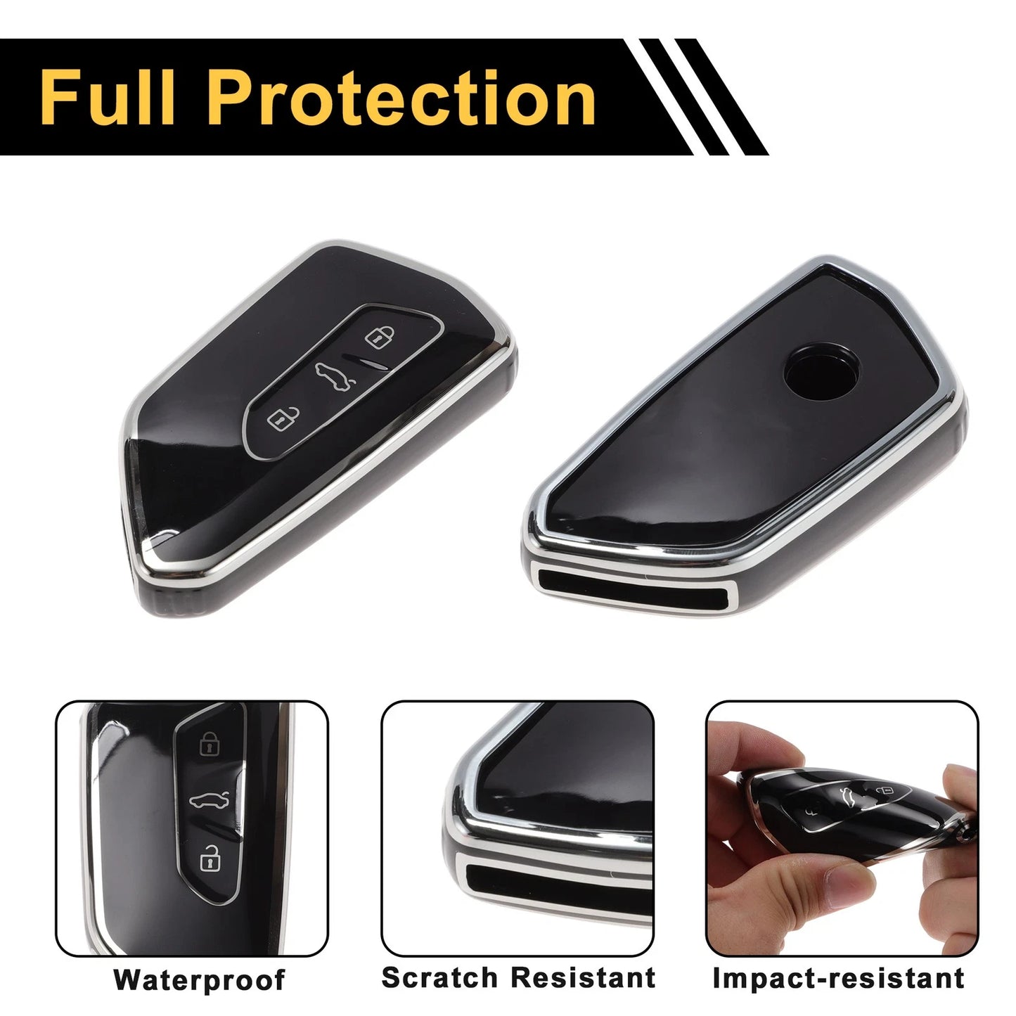 TPU Key Fob Shell Cover Case for VW Golf (2020–2023) 3 Buttons Black Silver Tone