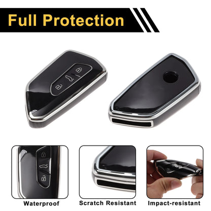 TPU Key Fob Shell Cover Case for VW Golf (2020–2023) 3 Buttons Black Silver Tone