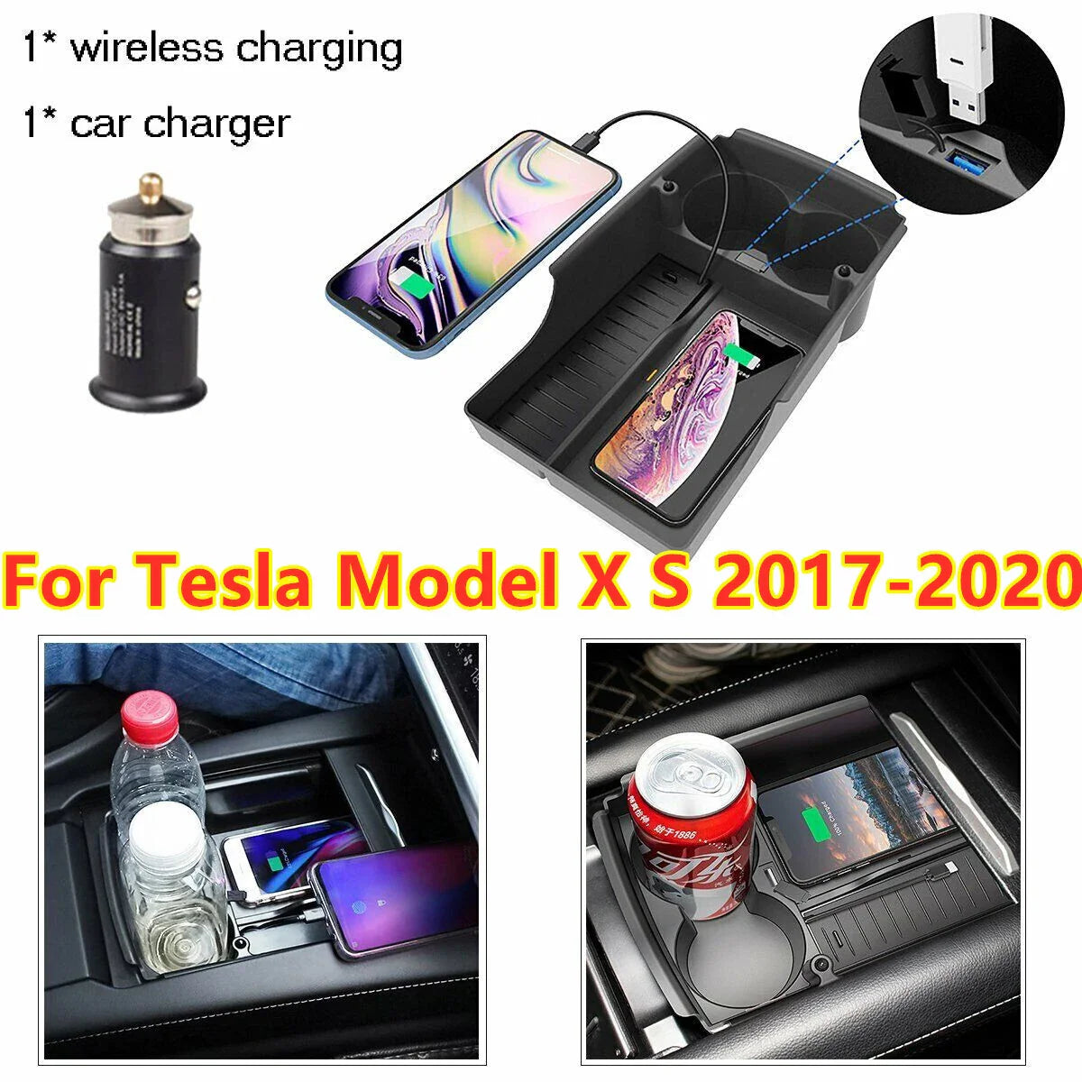 Center Console Organizer Storage Box Phone Wireless Charger for Tesla Model X