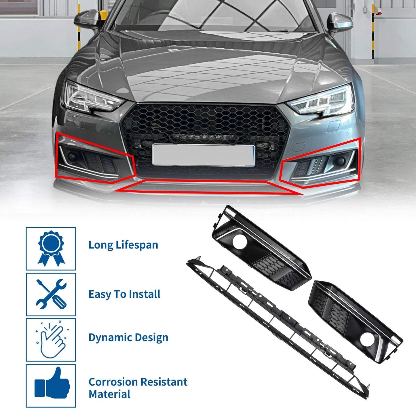 Front Lower Bumper Grille for Audi A4 B9 (2016–2018) Sport Style with Hole