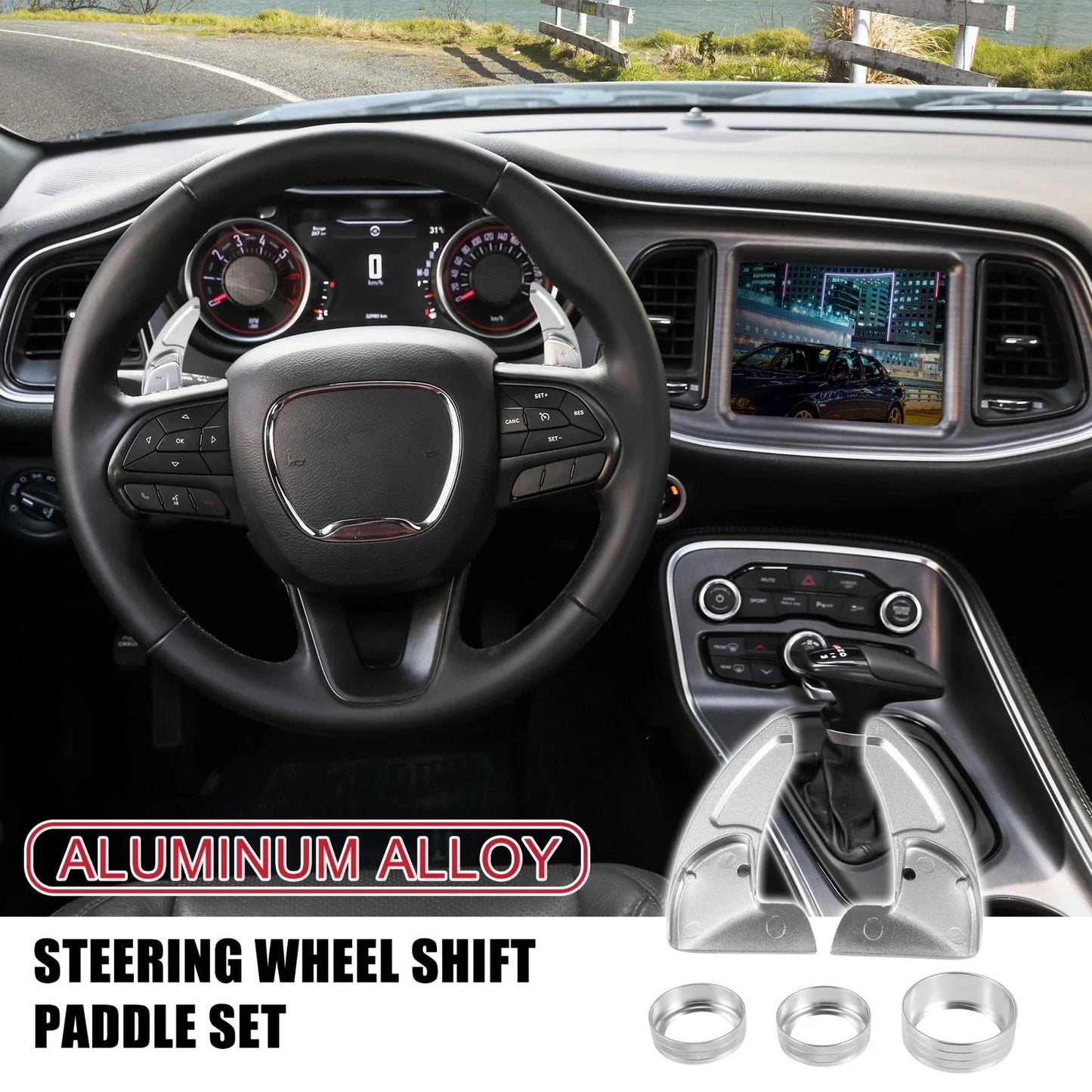 Silver Tone Inner Paddle Shifter Set & AC Volume Knob Cover for Dodge Charger