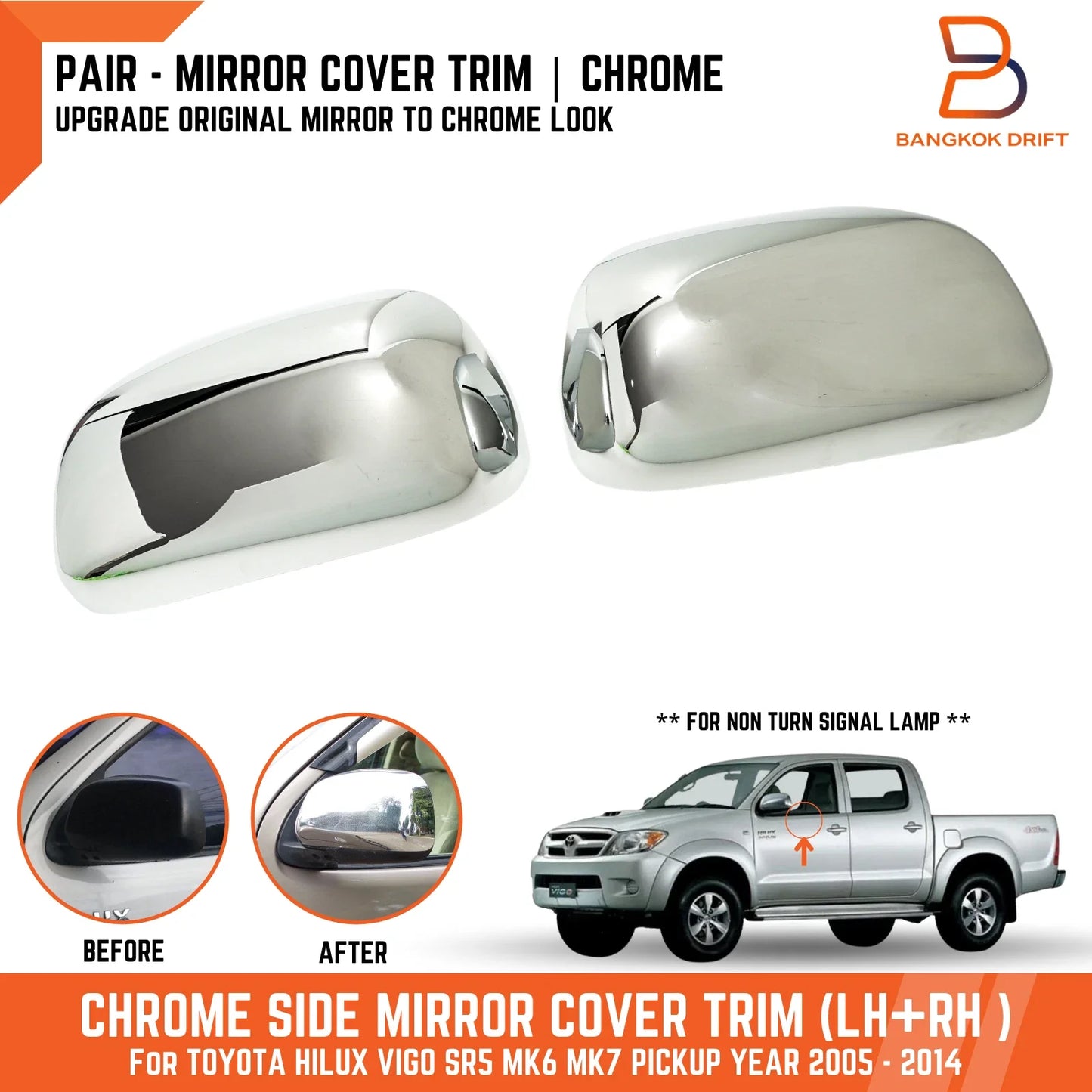 Chrome Side Mirror Cover Trim for Toyota Hilux Ute Vigo SR5 (2005-2014)