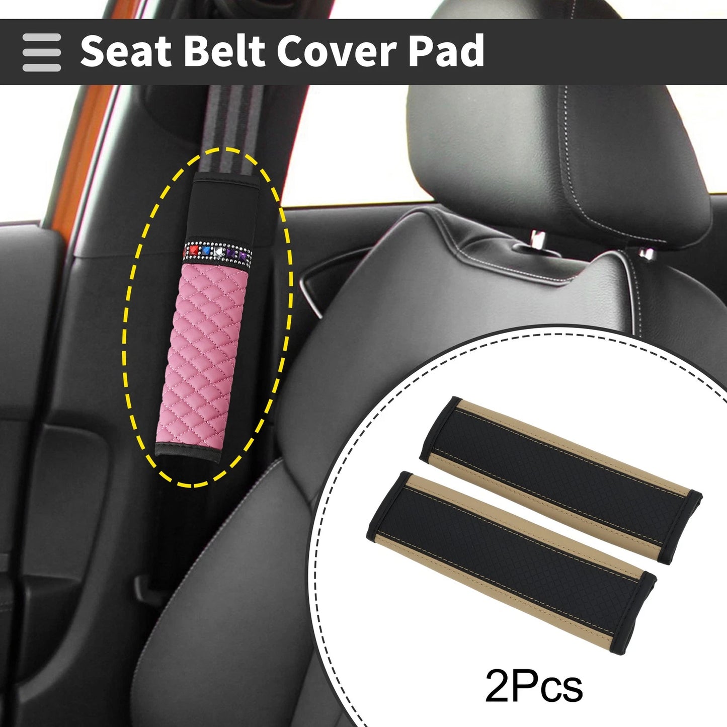 Set of 2 Black Beige Faux Leather Seat Belt Cover Pads for Universal Fit