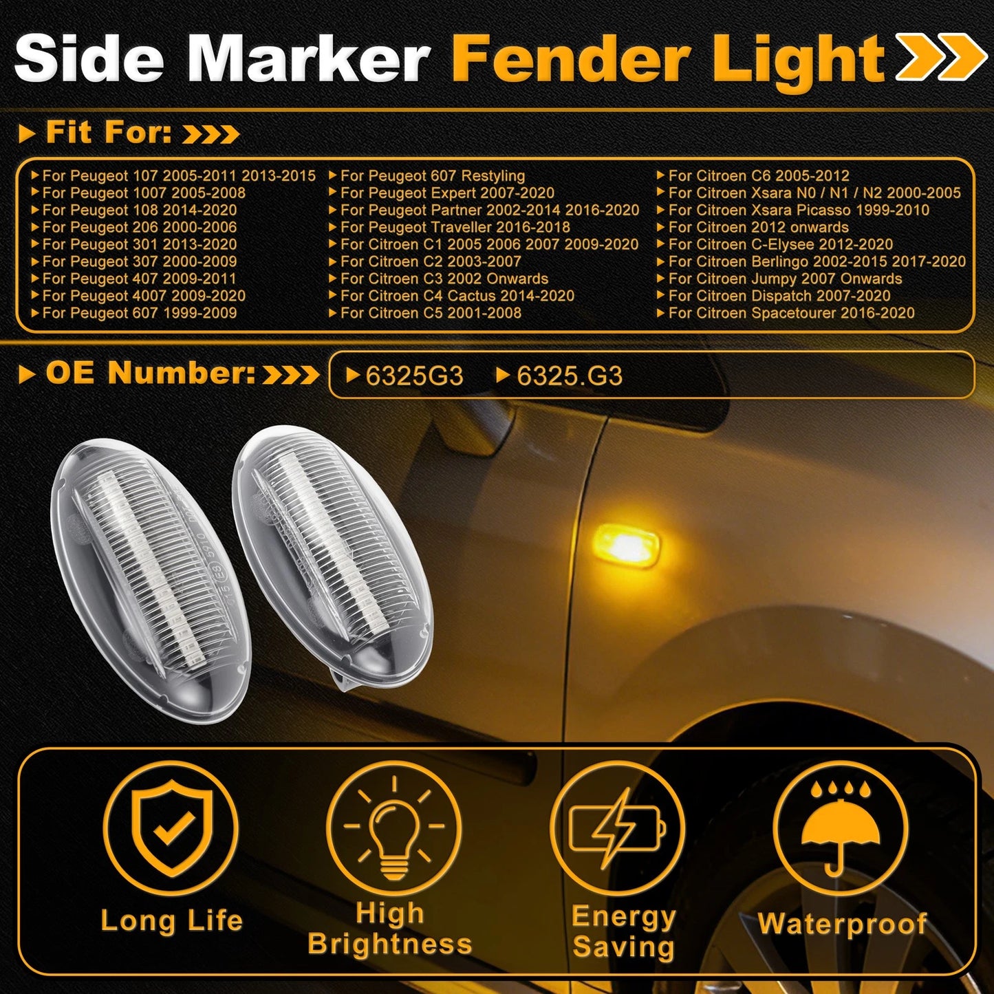 Set of 2 Side Marker Fender Lights 6325G3/6325.G3 for Peugeot 107 (2005–2015)