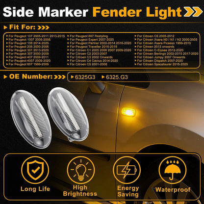 Set of 2 Side Marker Fender Lights 6325G3/6325.G3 for Peugeot 107 (2005–2015)