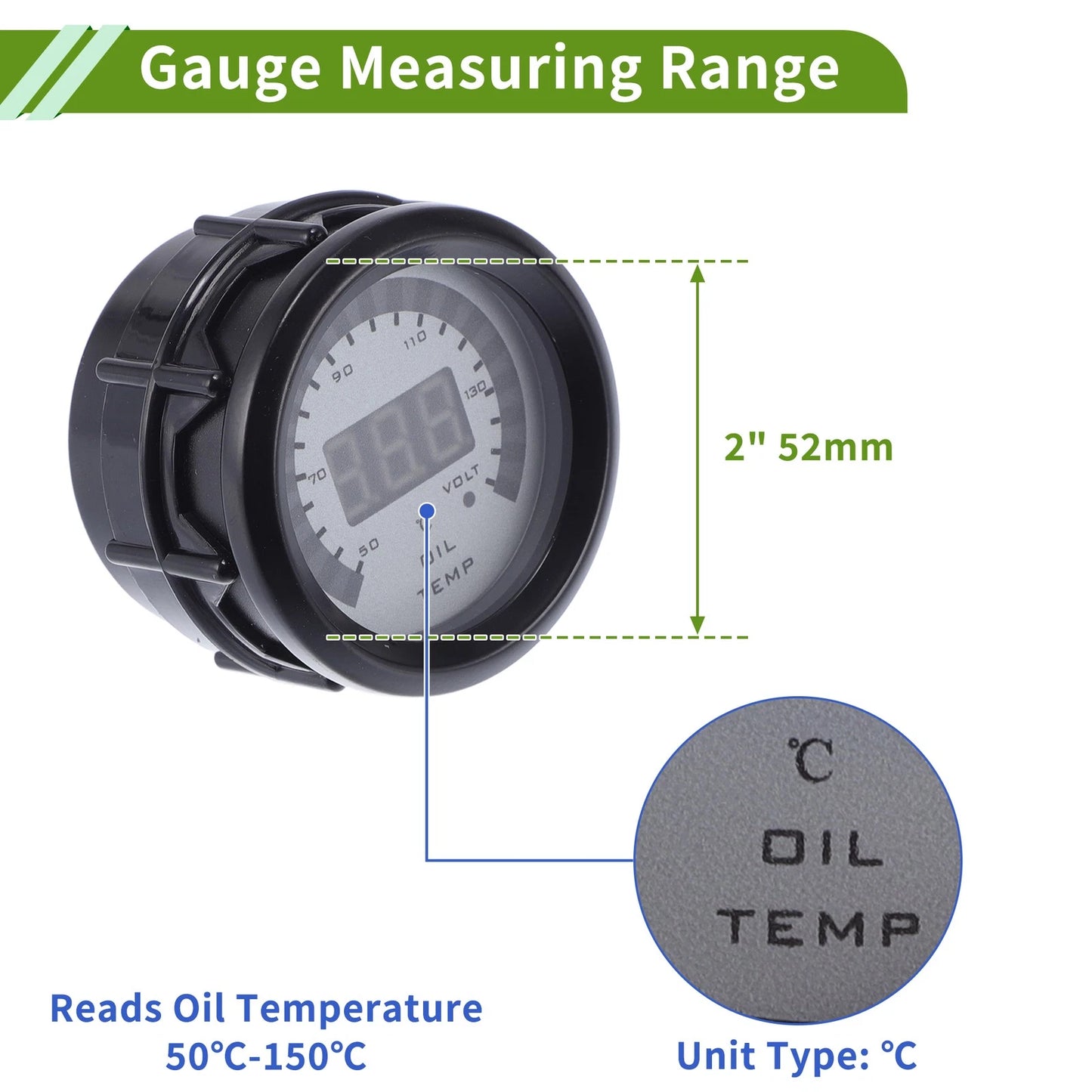2" Oil Temp Gauge Meter Kit for Universal Vehicles (Digital, Blue LED)