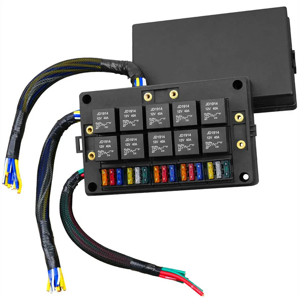 10 x 5Pin 40A Relays & 15 x Fuses Pre-Wired Fuse Relay Box for 12V Car Truck